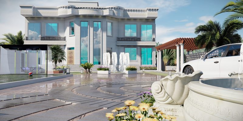 3d,Illustration,Of,Front,Yard,Landscape,Villa,Exterior,,Dubai,,2021