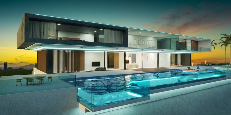 Luxury,Villa,Exterior,Design,With,Beautiful,Infinity,Pool.,Early,Morning